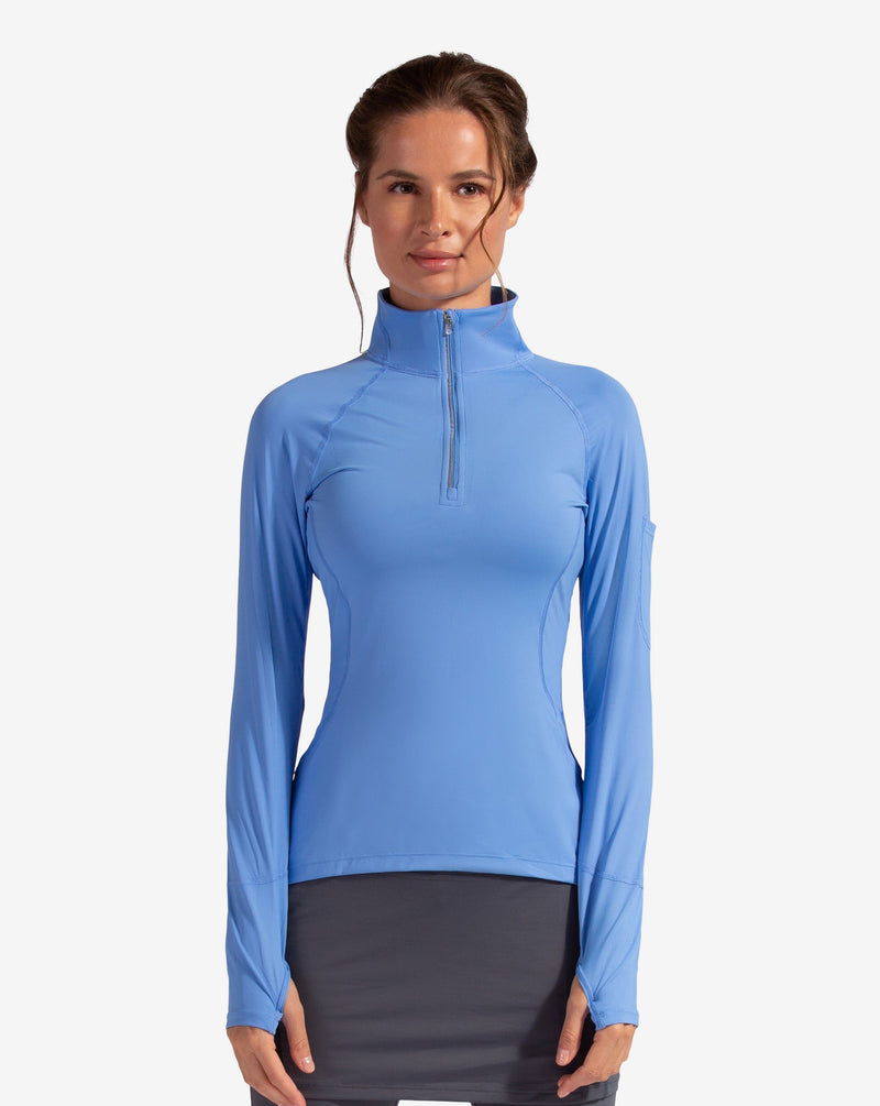 BloqUV women's long sleeve UV mock zip top in indigo blue.