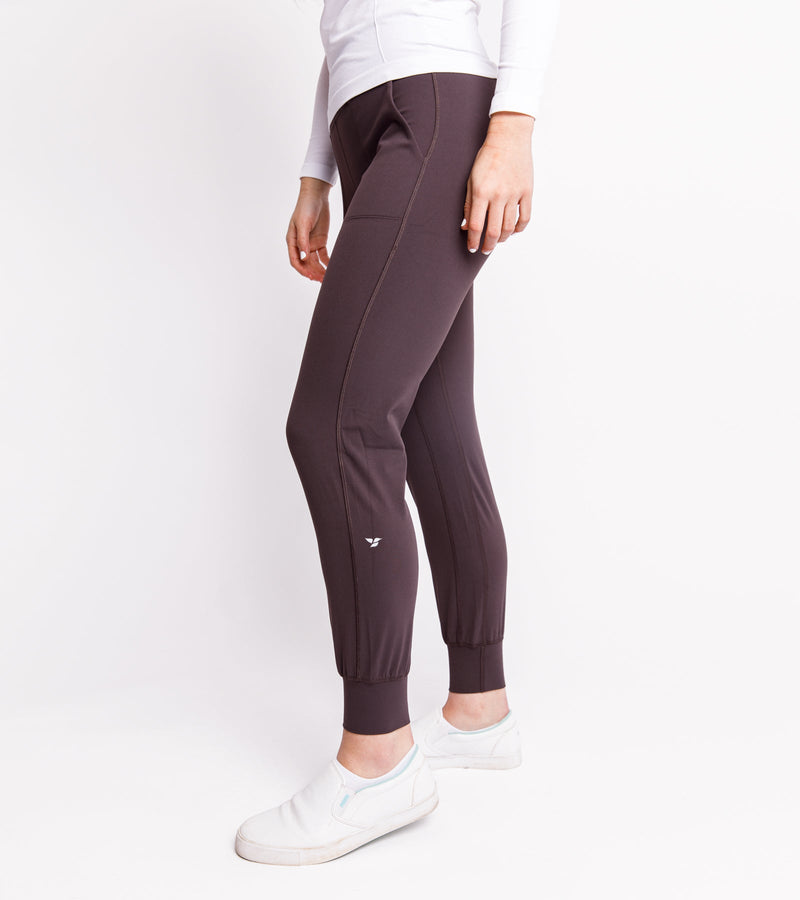 Woman wearing carbon ash joggers.