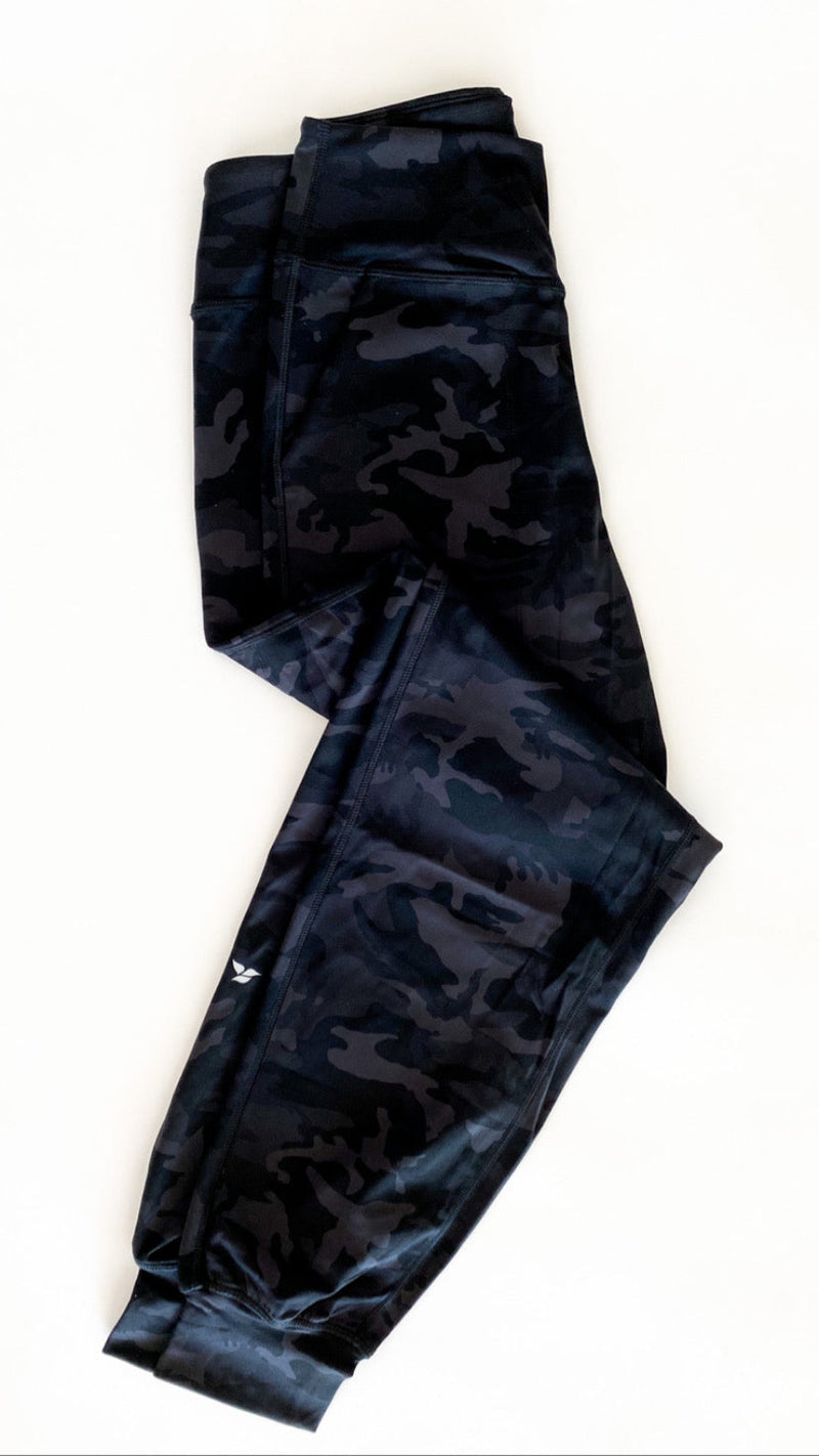 Black camo joggers.