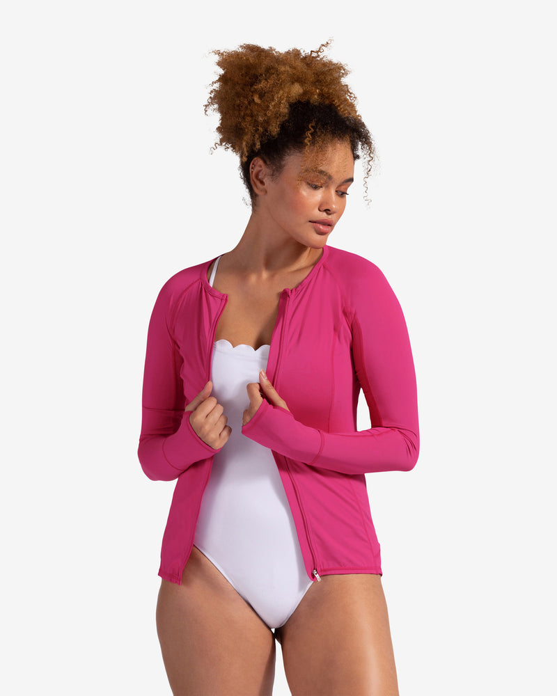 BloqUV women's long sleeve UV full zip top in passion pink.