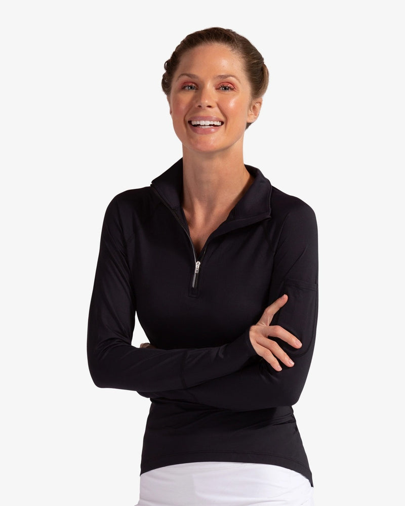 BloqUV women's long sleeve UV mock zip top in black.