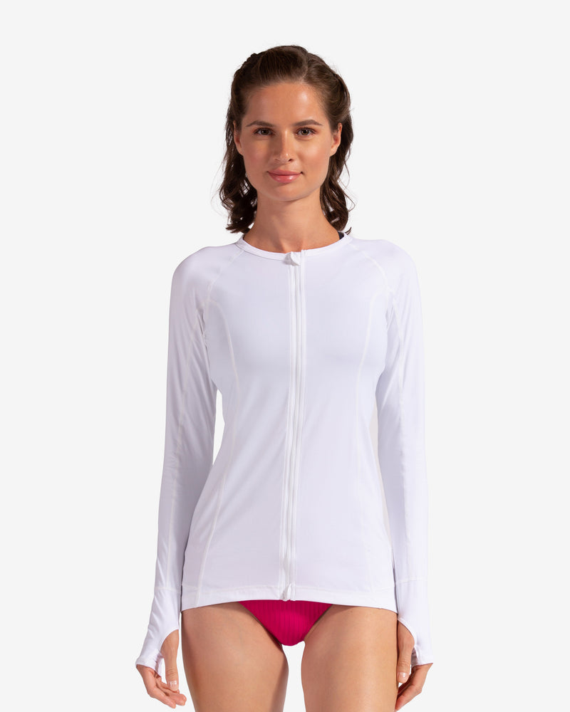 BloqUV women's long sleeve UV full zip top in white.