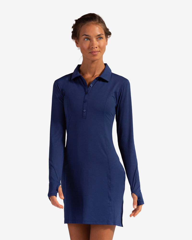 BloqUV women's long sleeve UV polo dress in navy.