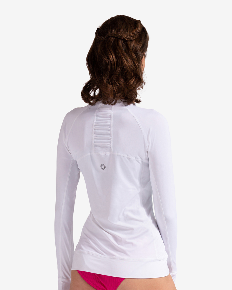 BloqUV women's long sleeve UV pullover shirt in white.